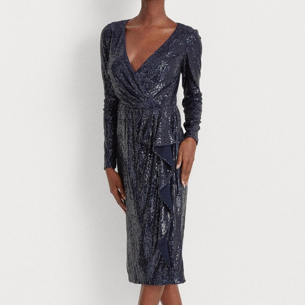 Ralph Lauren Sequinned Surplice Dress, Navy,  14